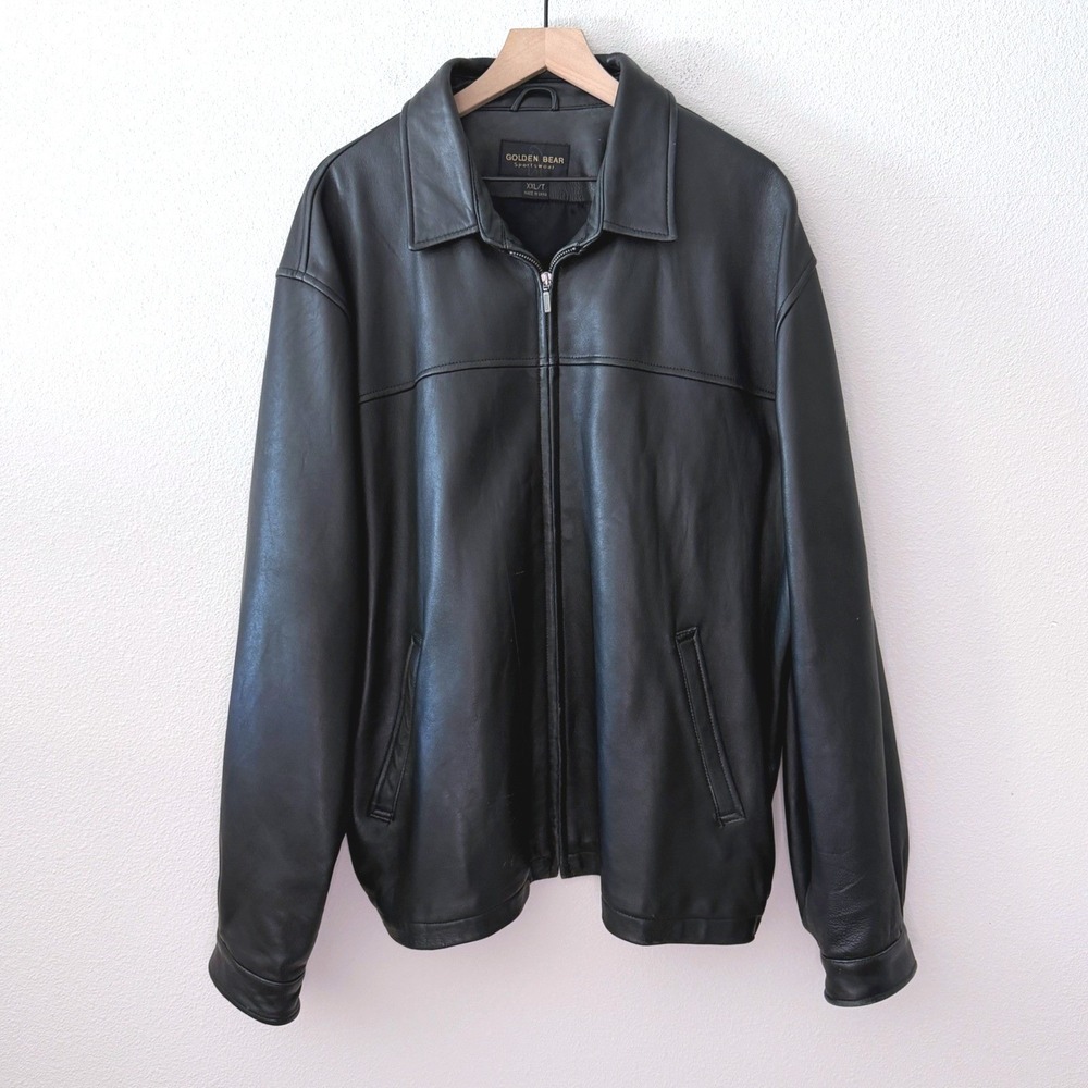 GOLDEN BEAR Mens Leather Bomber Jacket Biker Minimalist Streetwear Grunge XXL/T